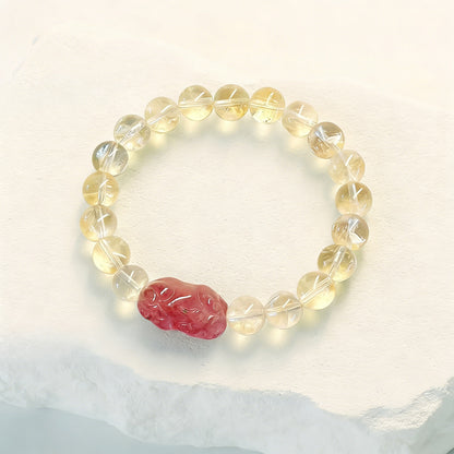 Hand‑Carved Strawberry Quartz Pixiu with Citrine Beads — Meaning of Wealth & Positive Flow | Zen Ara Grove