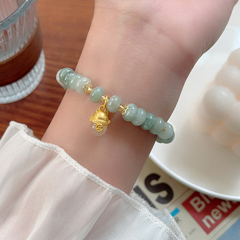 Strawberry Quartz Cyan Jade Lucky Cat Beads Healing Bracelet | Zen Ara Grove