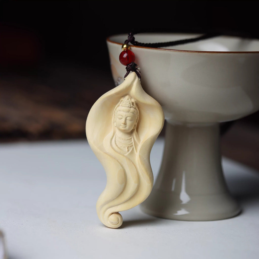Handcrafted Boxwood Pendant – Lotus Leaf with Carved Bodhisattva Brings Serenity and Harmony | Zen Ara Grove