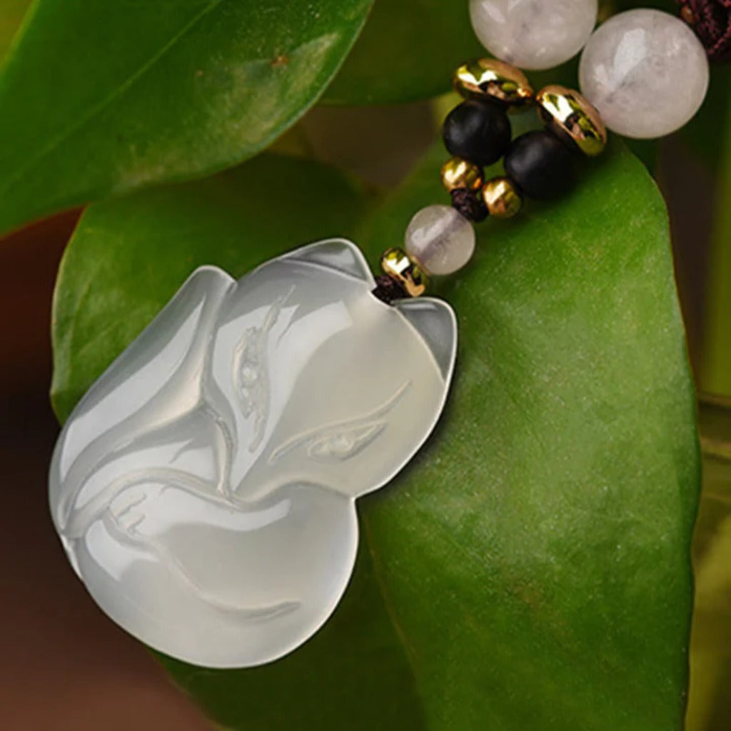 Adjustable Jade Cord Necklace – Carved Fox Pendant with Rose Quartz | Zen Ara Grove