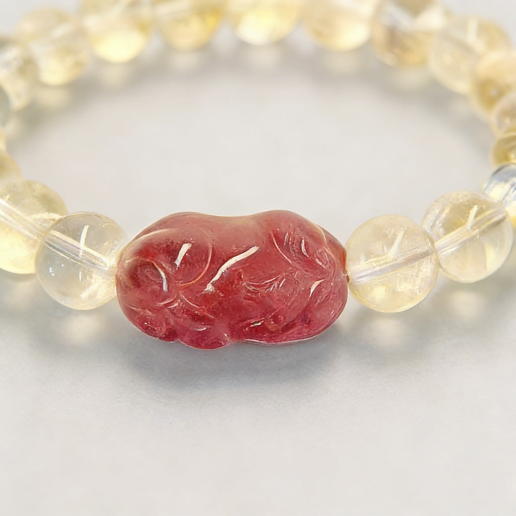 Hand‑Carved Strawberry Quartz Pixiu with Citrine Beads — Meaning of Wealth & Positive Flow | Zen Ara Grove