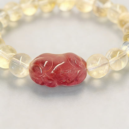 Hand‑Carved Strawberry Quartz Pixiu with Citrine Beads — Meaning of Wealth & Positive Flow | Zen Ara Grove