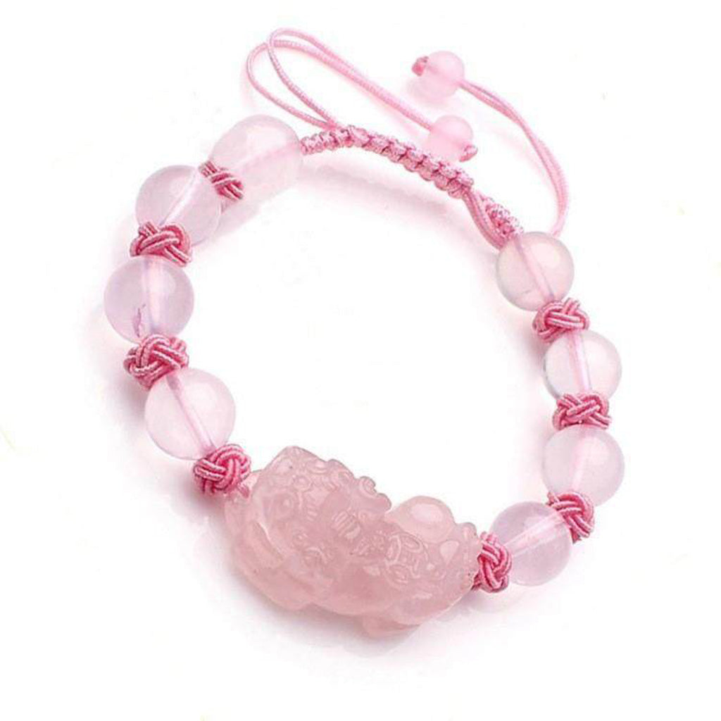 Hand‑Carved Rose Quartz Coin Pixiu Adjustable Bracelet — Meaning of Prosperity & Harmony | Zen Ara Grove