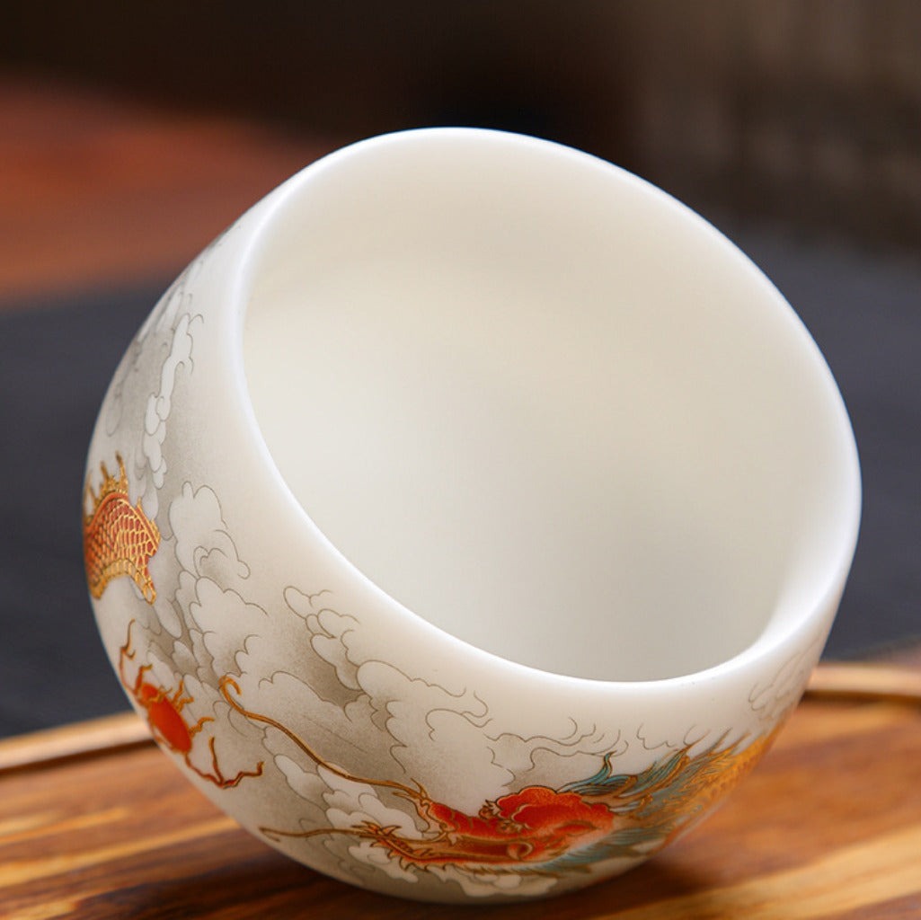 Milky White Porcelain Mug with Dragon and Phoenix Motif – Elegant & Durable | Zen Ara Grove