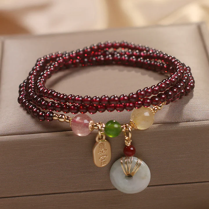 Elegant Garnet & Strawberry Quartz Fox Bracelet – Multi‑Loop Design | Zen Ara Grove