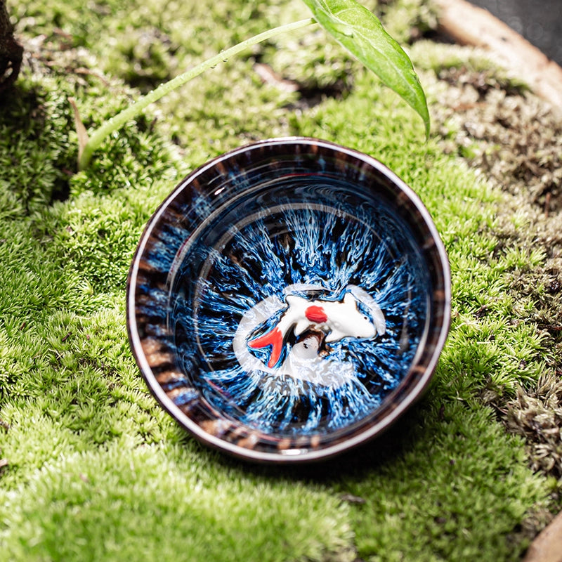 Kiln-Change Glaze Porcelain Teacup – Lucky Fish "Year of Plenty" Design | Zen Ara Grove