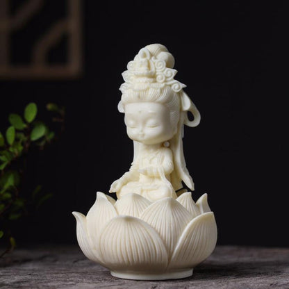 Hand-Carved Tagua Guanyin Statue with Lotus Base – Symbol of Compassion, Blessings & Peace | Zen Ara Grove