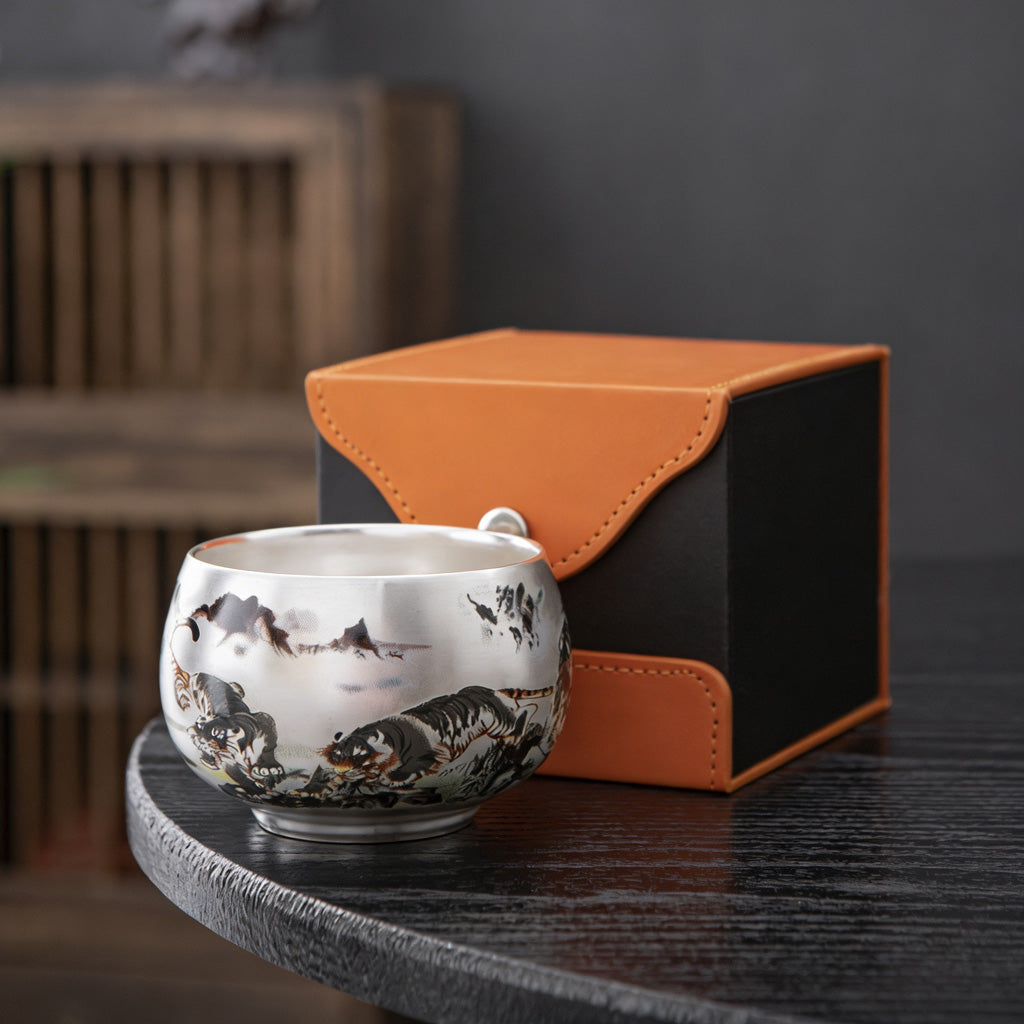 Handmade Silver Cup Gift Set – Sign of Prosperity & Harmony – Artistic Mountain Pattern | Zen Ara Grove