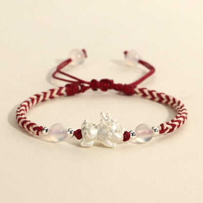 Silver Pixiu Red & White Braided Luck Bracelet | Zen Ara Grove