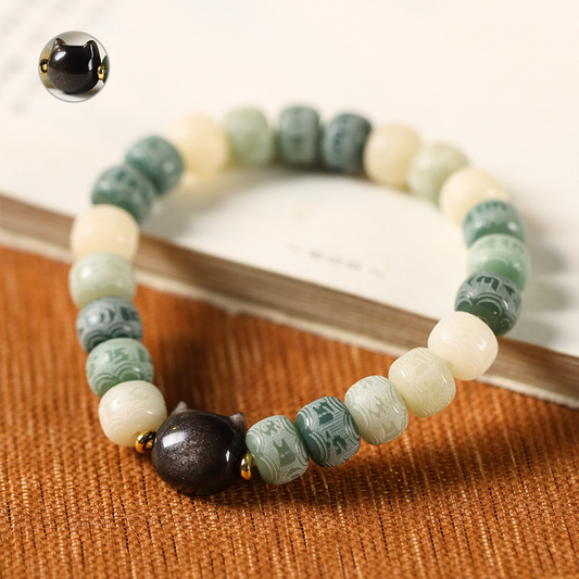 Bodhi Seed Om Mani Padme Hum Carved Silver Sheen Obsidian Cat Head Wisdom Bracelet  | Zen Ara Grove