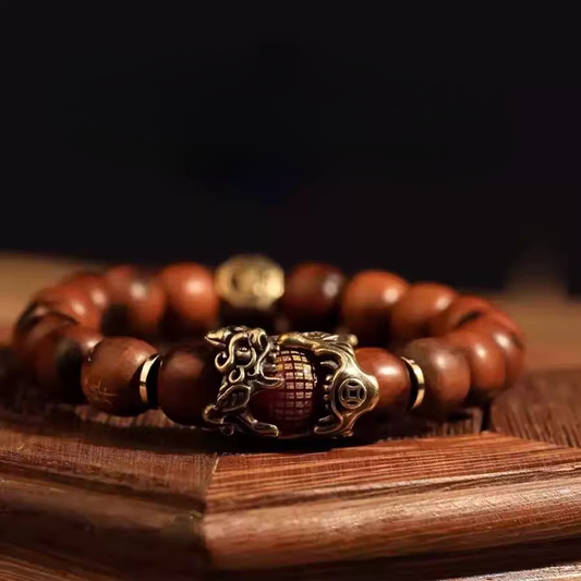 Dragon-Tiger Mountain Pixiu Blessing Bracelet – Thunderstruck Jujube Wood Beads | Zen Ara Grove