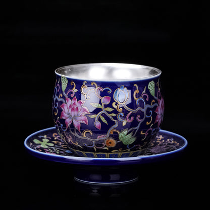 999 Silver Enamel Teacup Gift Set – Five Colors Blooming – Symbols of Love, Harmony & Prosperity | Zen Ara Grove