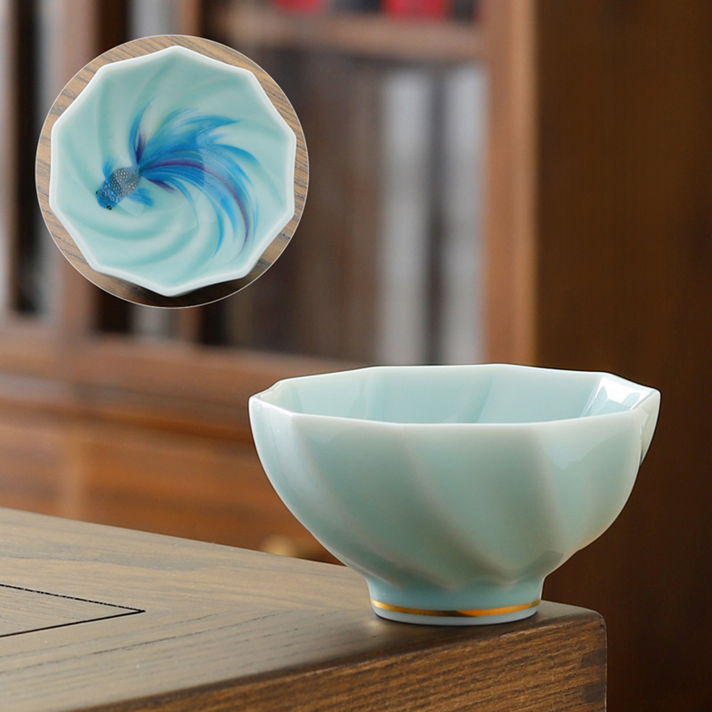 Celadon Porcelain Koi Fish Teacup – Artistic Green Glaze Tea Bowl | Zen Ara Grove