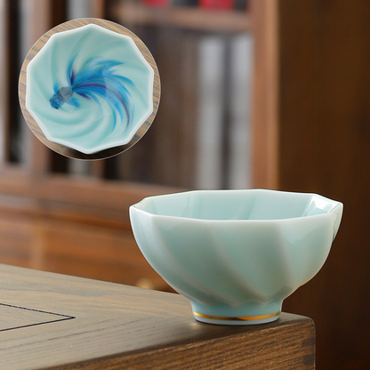 Celadon Porcelain Koi Fish Teacup – Artistic Green Glaze Tea Bowl | Zen Ara Grove