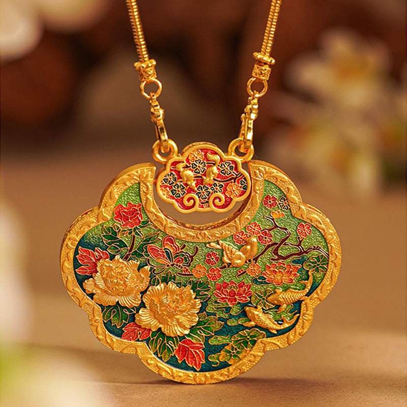 Double-Sided Cloisonné Fortune Lock Pendant in Burnished Gold | Zen Ara Grove