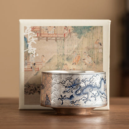 Silver-Gilded Dragon Motif Ceramic Tea Cup – Handcrafted Elegance | Zen Ara Grove