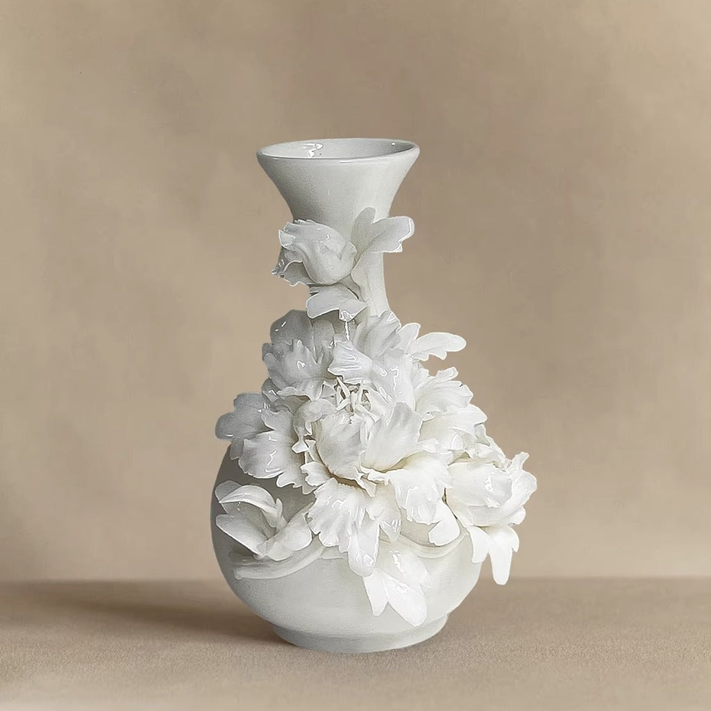 Handcrafted Heritage Ceramic Peony Vase – Blossoms Growing from the Surface | Zen Ara Grove