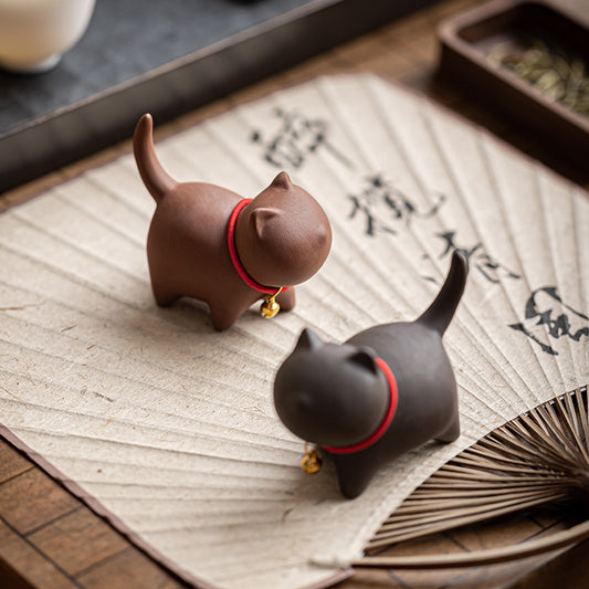 Mini Lovely Red Rope Bell Cat Tea Pet Purple Clay Figurine Desk Decoration | Zen Ara Grove