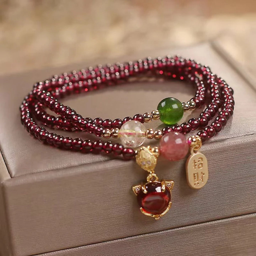 Elegant Garnet & Strawberry Quartz Fox Bracelet – Multi‑Loop Design | Zen Ara Grove