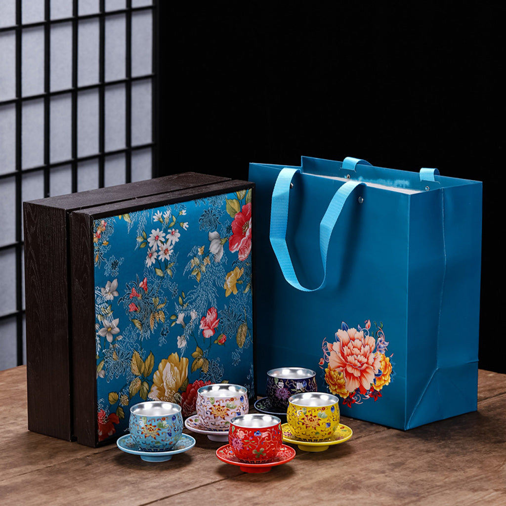 999 Silver Enamel Teacup Gift Set – Five Colors Blooming – Symbols of Love, Harmony & Prosperity | Zen Ara Grove