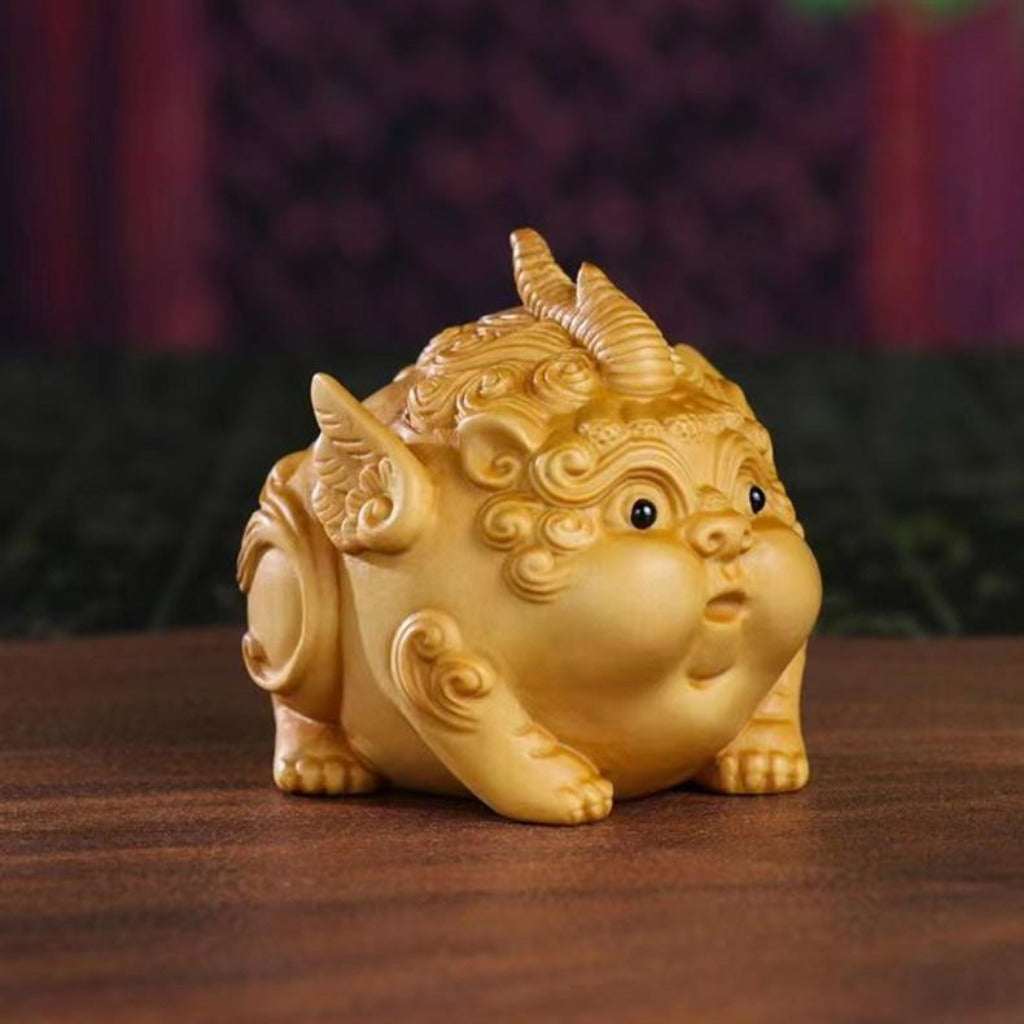 Cute Pixiu Boxwood Sculpture – Prosperity and Abundance Decorative Piece | Zen Ara Grove