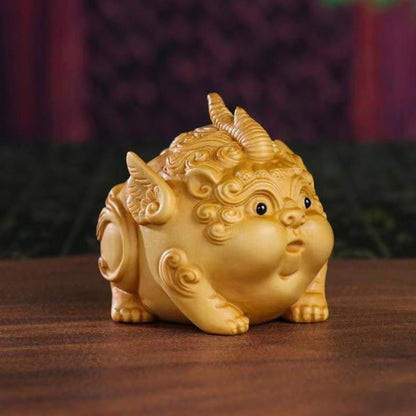 Cute Pixiu Boxwood Sculpture – Prosperity and Abundance Decorative Piece | Zen Ara Grove