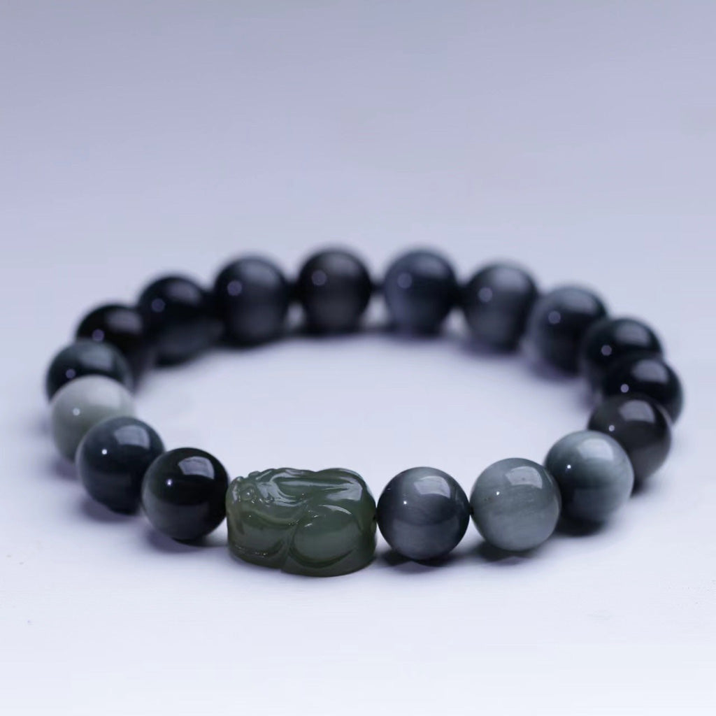 Hawk’s Eye & Hetian Jade Pixiu Bracelet – Symbol of Courage and Prosperity | Zen Ara Grove