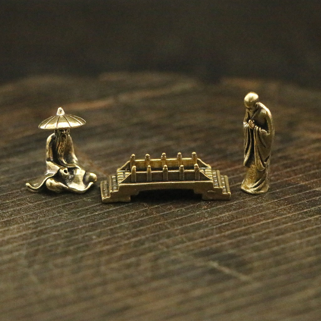 Mini Brass Figurine Set – Saluting Buddha, Luoyang Bridge Scene, Little Monk & Fishing Old Man | Zen Ara Grove
