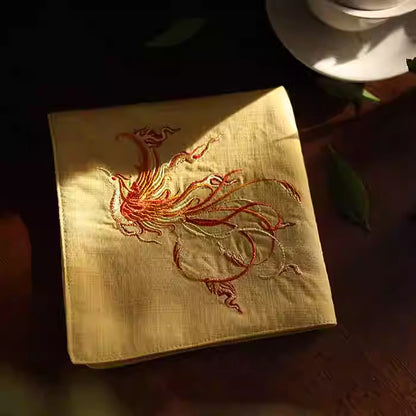 Double‑Layer Cotton Handkerchief – Hand‑Embroidered Phoenix Symbolizing Grace and Renewal | Zen Ara Grove
