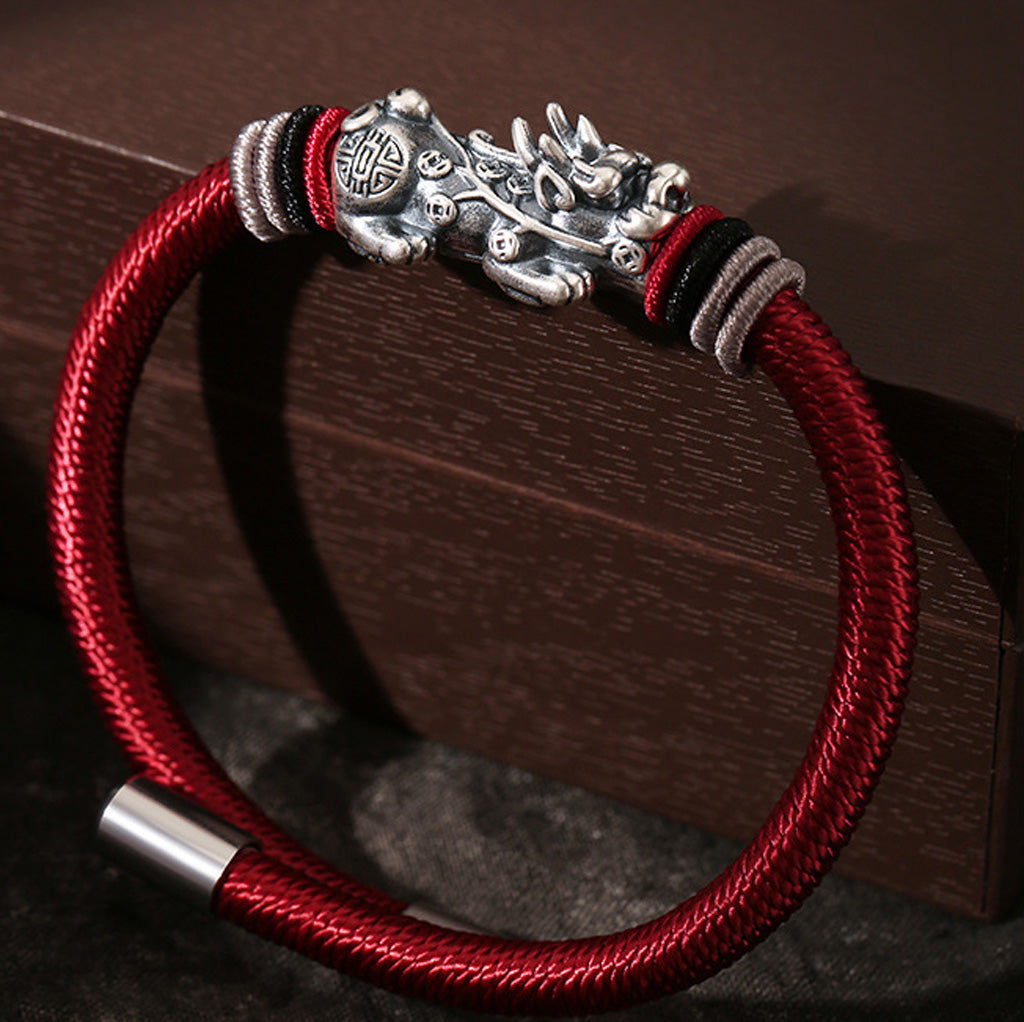 999 Silver Pixiu on Dragon Knot Handwoven Bracelet — Meaning of Courage & Wealth | Zen Ara Grove
