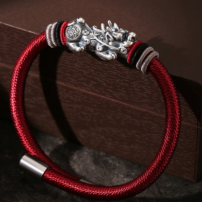 999 Silver Pixiu on Dragon Knot Handwoven Bracelet — Meaning of Courage & Wealth | Zen Ara Grove
