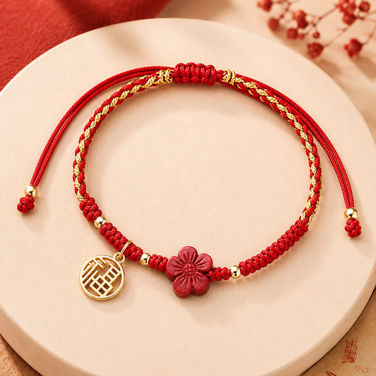 Adjustable Cord Bracelet with Cinnabar Red Flower and Fu Charm — Hope & Blessing