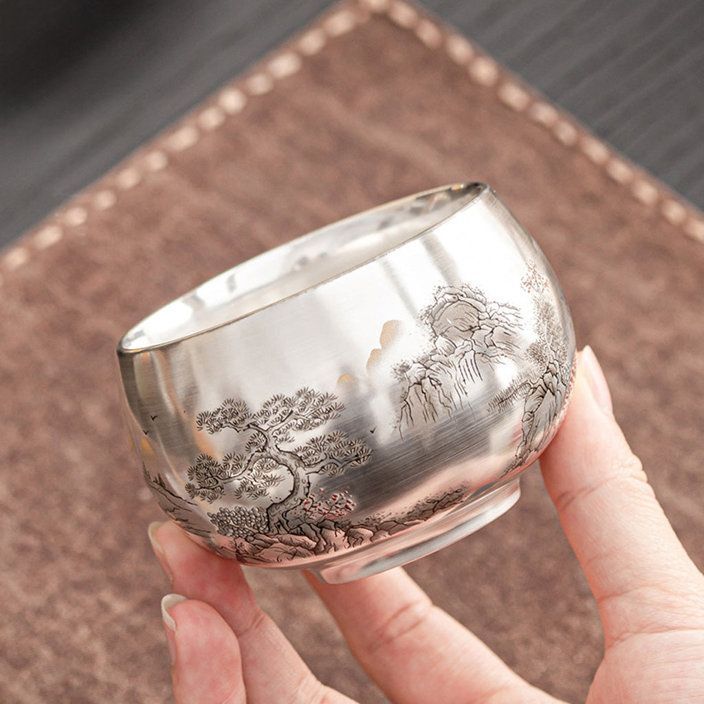 999 Silver Tea Cup – Emblem of Serenity & Blessing – Fine Hammered Finish | Zen Ara Grove