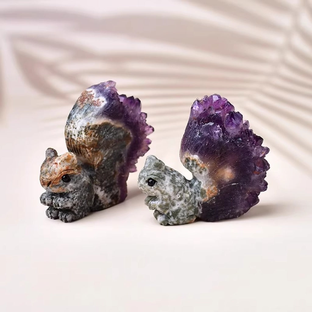Hand-Carved Squirrel on Natural Amethyst Cluster – Symbol of Energy and Joy | Zen Ara Grove