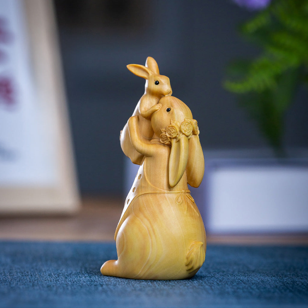 Boxwood Family Bunny Wood Sculpture – Symbol of Love & Blessing | Zen Ara Grove
