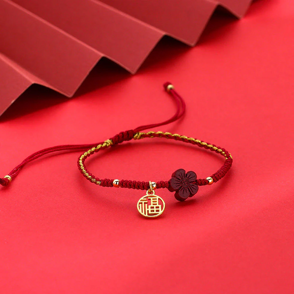 Adjustable Cord Bracelet with Cinnabar Red Flower and Fu Charm — Hope & Blessing