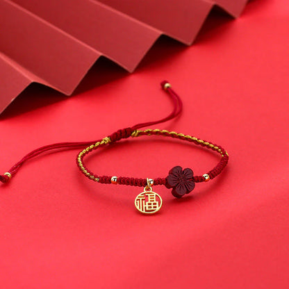 Adjustable Cord Bracelet with Cinnabar Red Flower and Fu Charm — Hope & Blessing