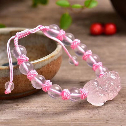 Hand‑Carved Rose Quartz Coin Pixiu Adjustable Bracelet — Meaning of Prosperity & Harmony | Zen Ara Grove