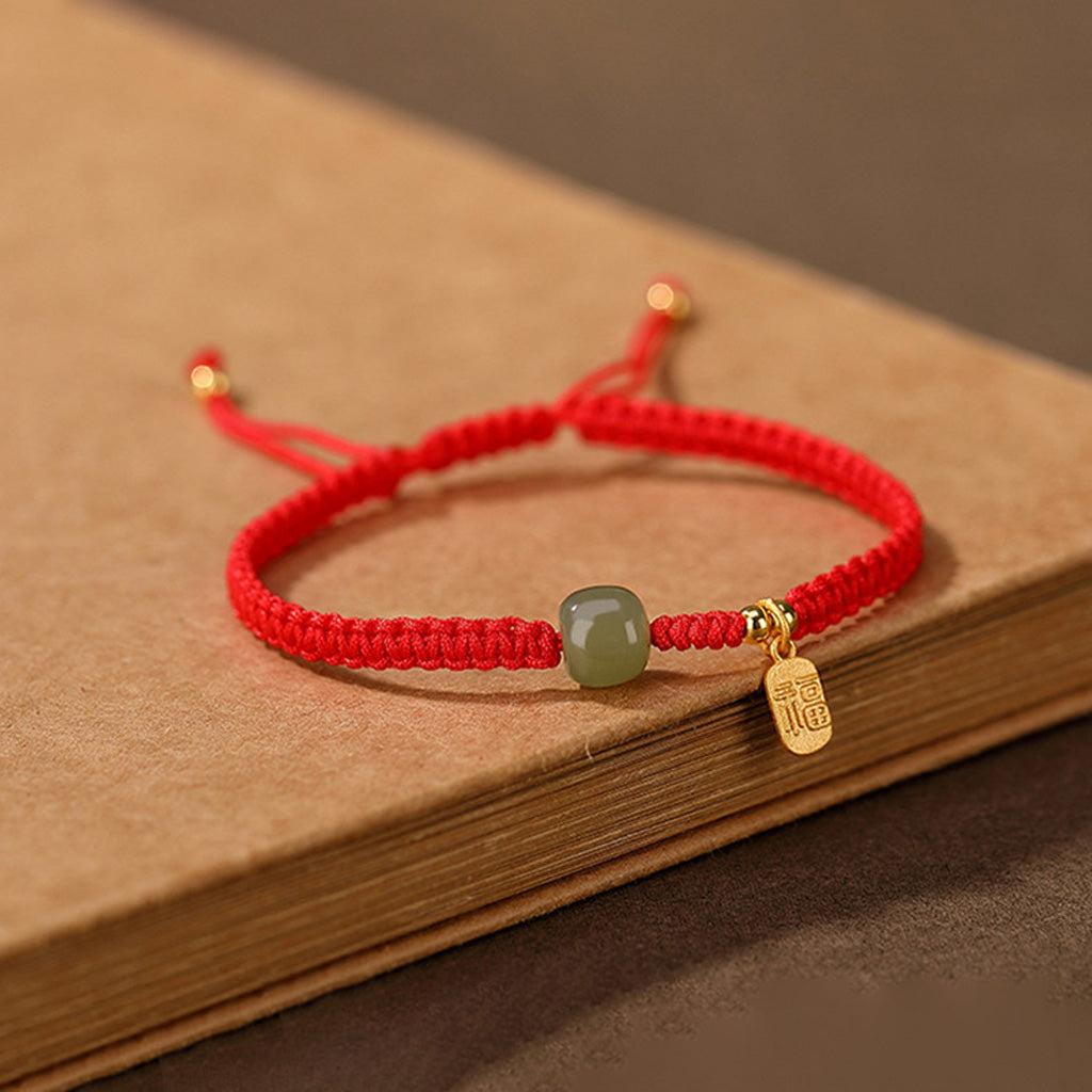 Adjustable Fu Blessing Cord Bracelet with Jade-Look Bead