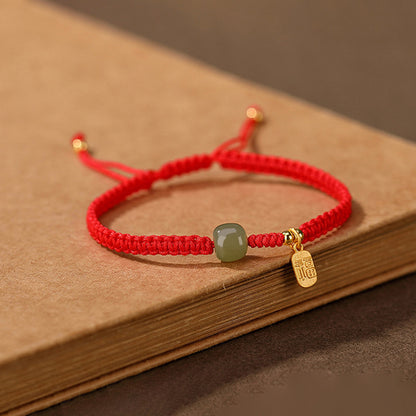 Adjustable Fu Blessing Cord Bracelet with Jade-Look Bead