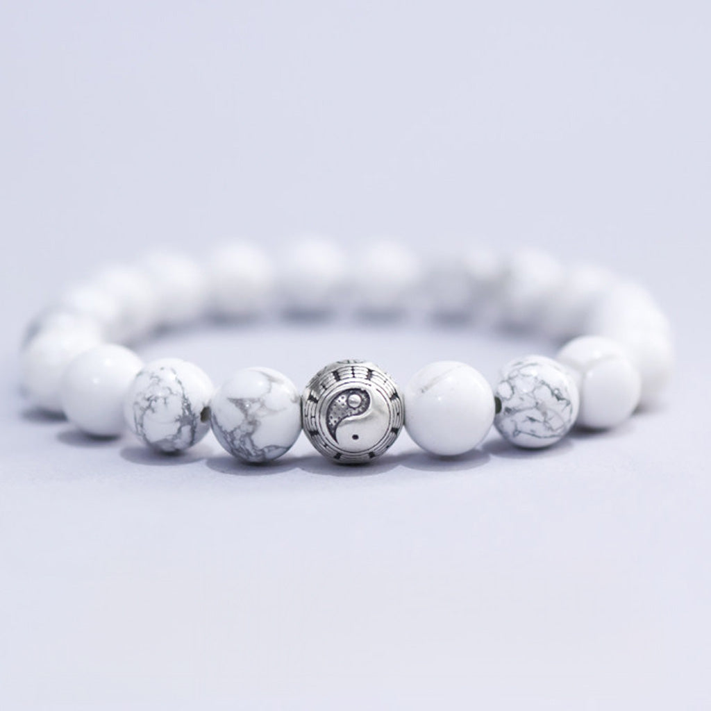 White Turquoise & Map Stone Beaded Bracelet – Yin-Yang Metal Accent, 999 Silver Ba Gua Bead | Zen Ara Grove