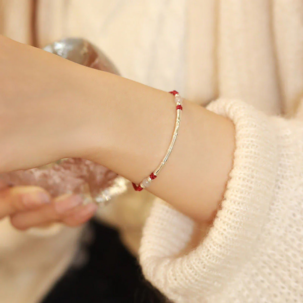 Adjustable S925 Sterling Silver Bamboo Bracelet with Agate