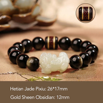 Golden Obsidian & Hetian Jade Pixiu Bracelet – Fortune & Protection | Zen Ara Grove