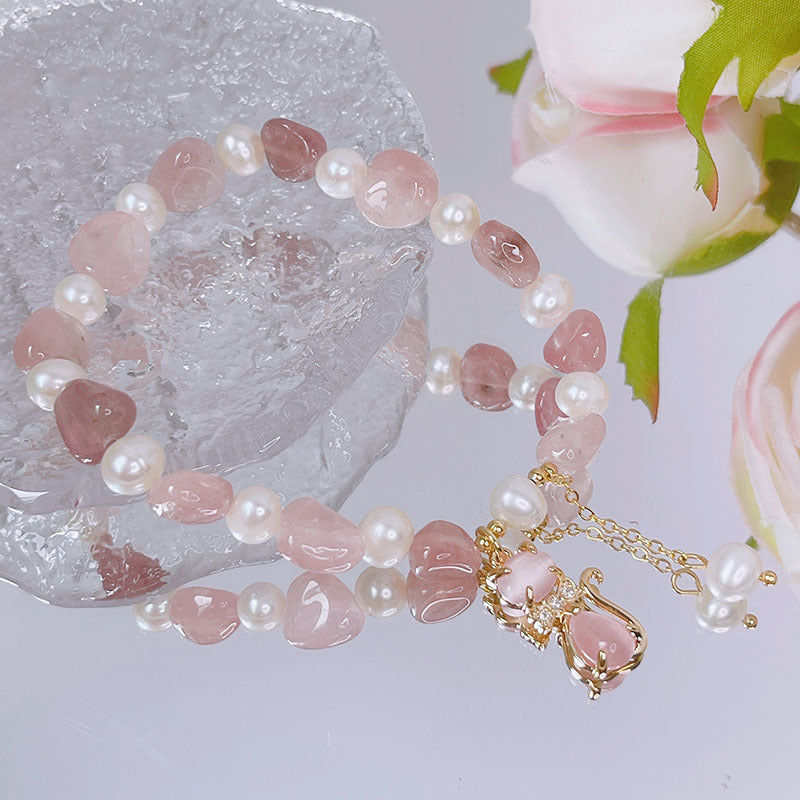 Natural Strawberry Quartz Pearl Cat Positive Bracelet | Zen Ara Grove