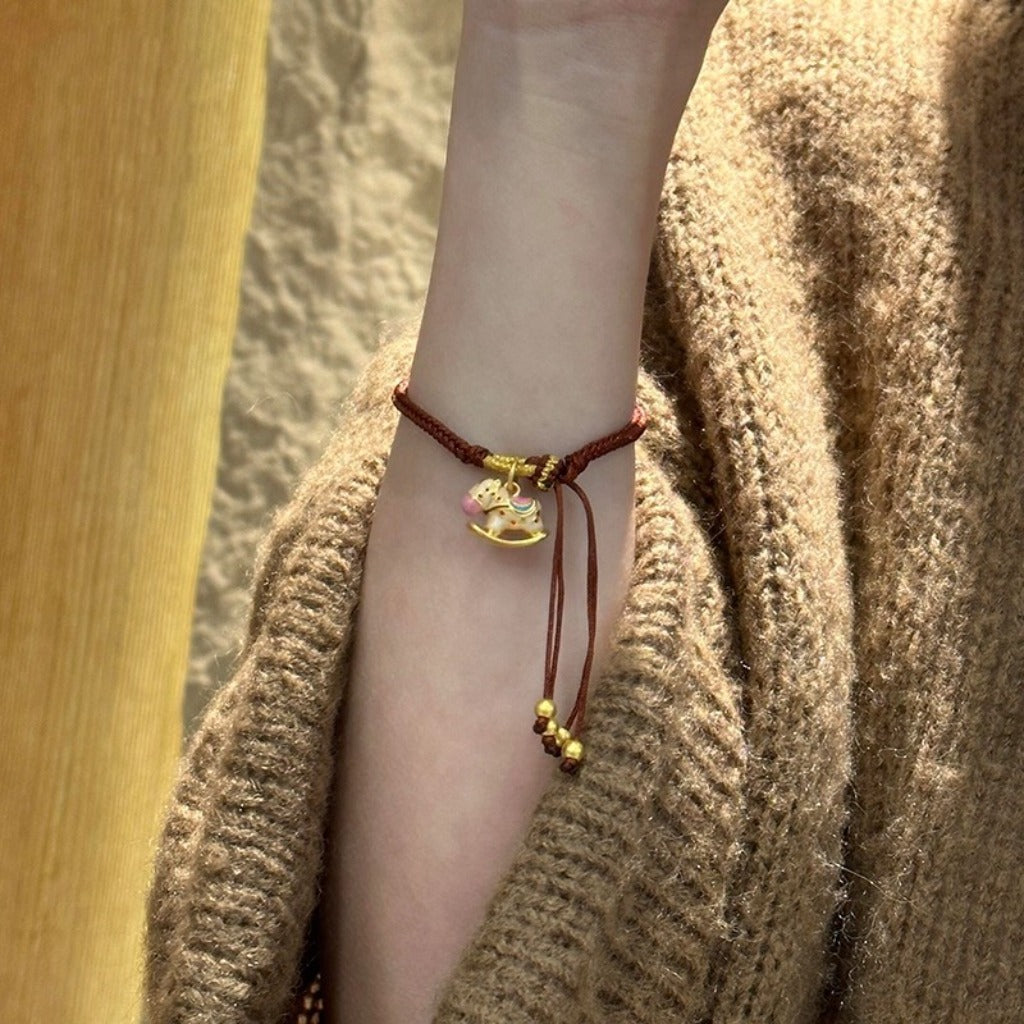Adjustable Handmade Woven Bracelet with Drip-Glazed Sand Gold Horse Charm | Zen Ara Grove