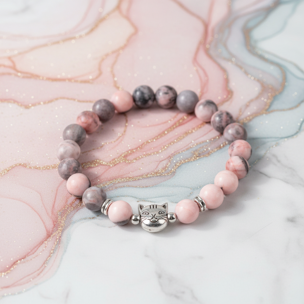 Gold Gradient Cat Pink Zebra Stone Protective Bracelet | Zen Ara Grove