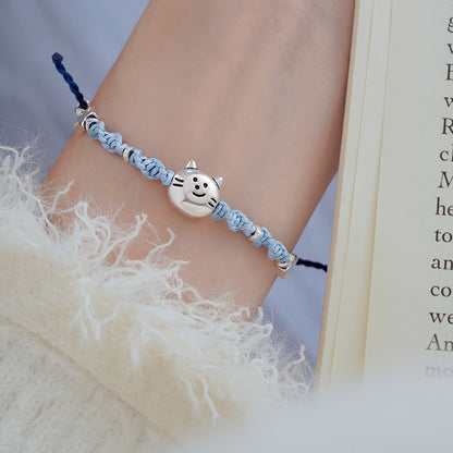 Playful Kitty Head with Fish Motif Woven Bracelet – Adjustable Cord Jewelry | Zen Ara Grove