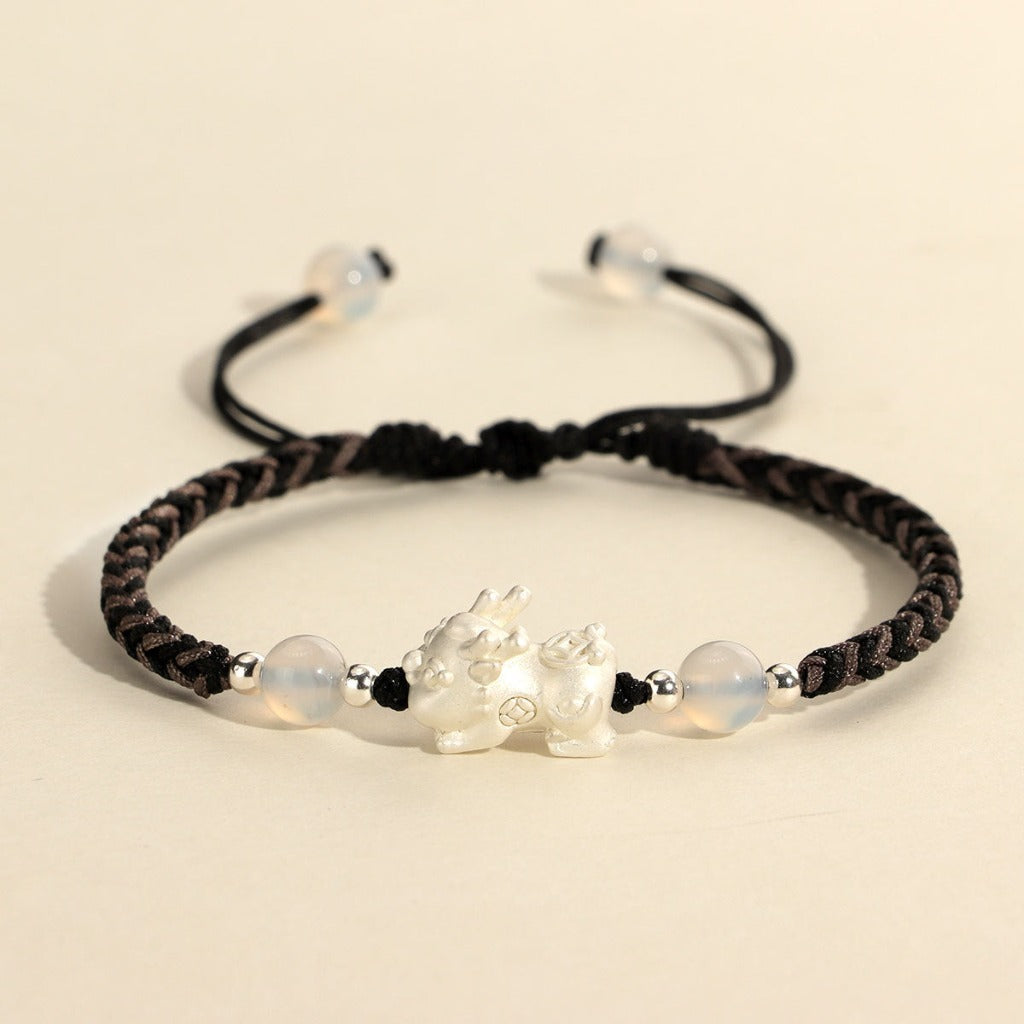 Silver Pixiu Red & White Braided Luck Bracelet | Zen Ara Grove