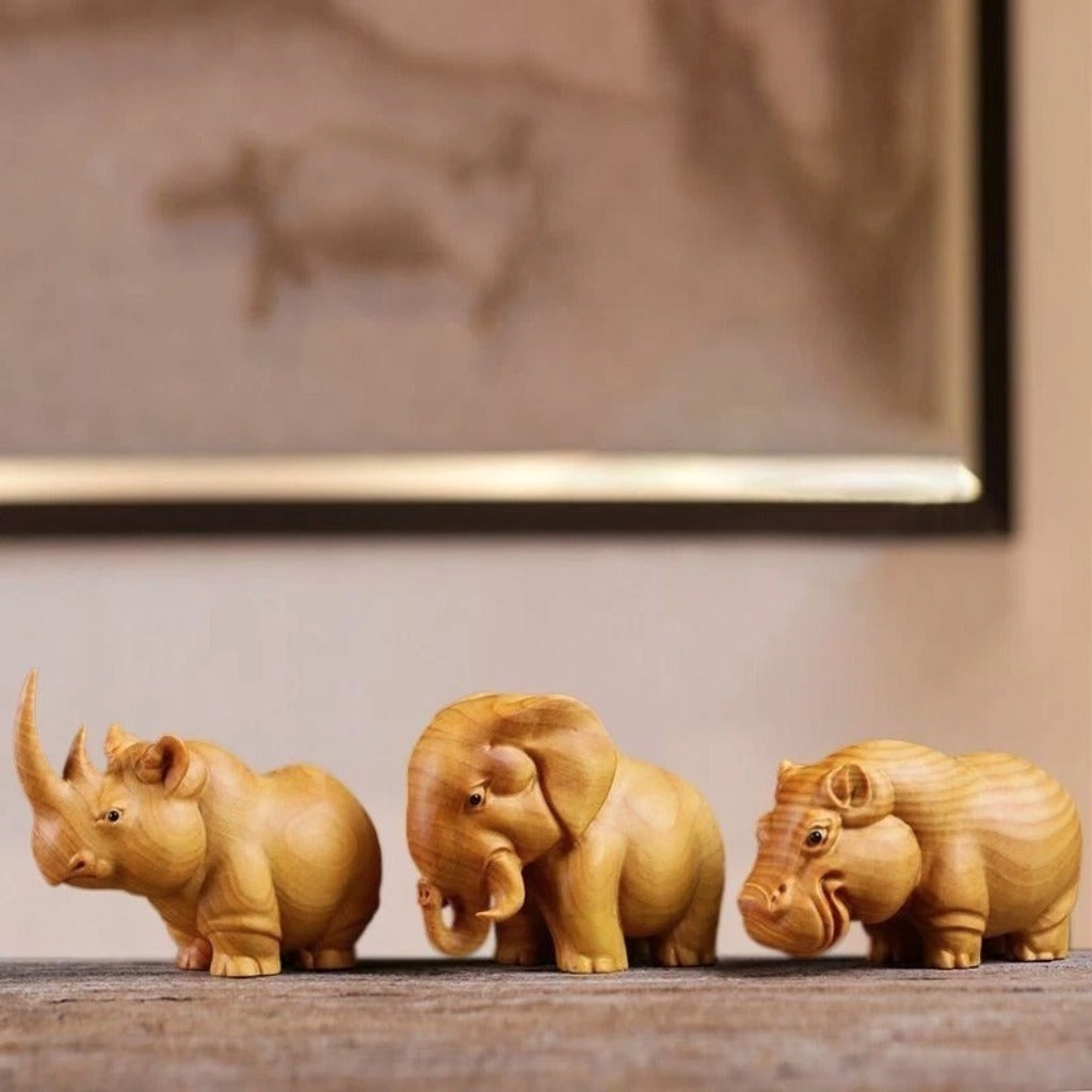 Aromatic Cypress Wildlife Carving Collection – Rhino, Elephant, Hippo Desk Decor | Zen Ara Grove