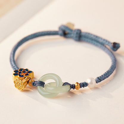 Adjustable Double Hetian Jade Peace Buckle Bracelet with Lotus Charm — Harmony & Protection